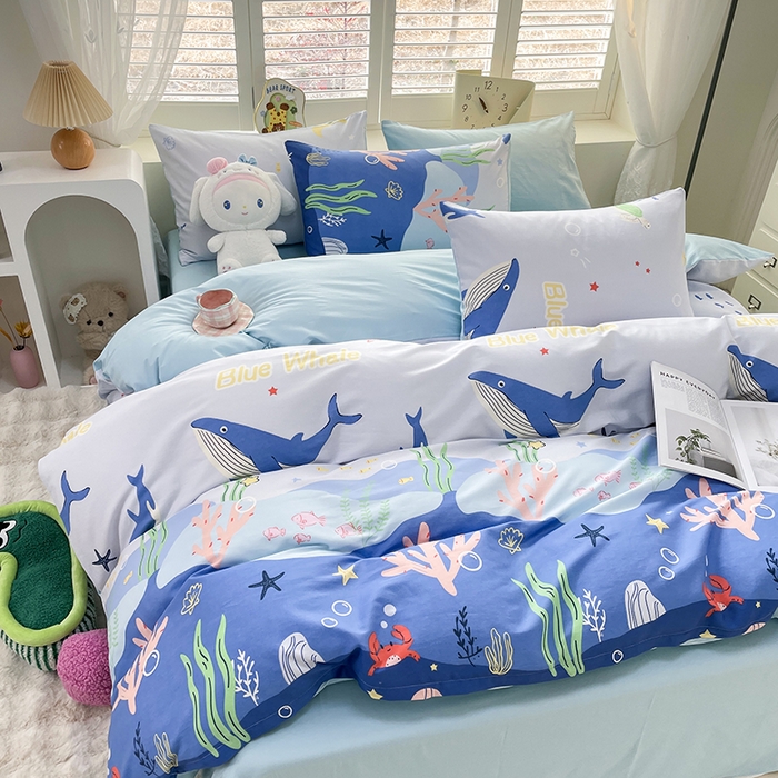 91家纺网 家纺一手货源 找家纺 丫丫家纺   2025全棉13070单被套印花小清新卡通碎花纯棉单品被套枕套（有预缩售后无忧 免费提供买家秀） 鲸鱼