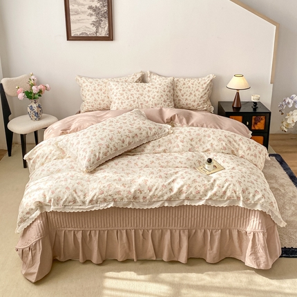 尚美 2025新款A类有氧13070全棉小白边花边床盖四件套 美可可