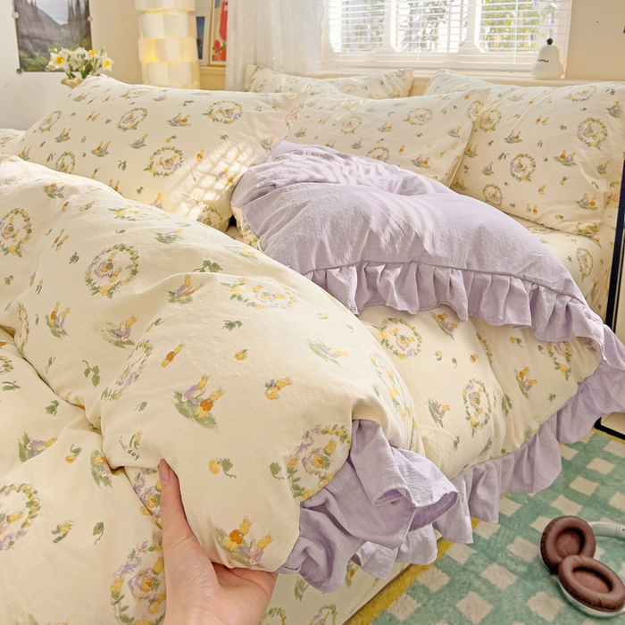 91家纺网 家纺一手货源 找家纺 纽缦家纺 2025新款云感提花双层纱韩版四件套 兔子的欢喜