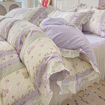 麦朵家居 2025新款13372花边全棉长绒棉床裙款四件套双层纱全棉水洗棉套件--繁花系列 春色满园-紫