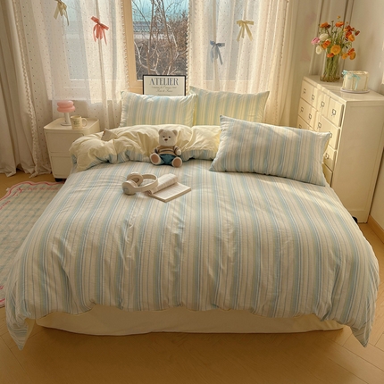 雅居纺家纺 2025全棉色织水洗棉四件套 竖条蓝