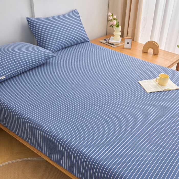 91家纺网 家纺一手货源 找家纺 棉乐町家居  2025新款原棉粗布床笠 条纹蓝