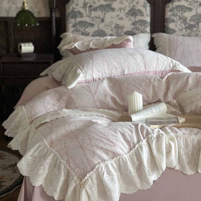 91家纺网 家纺一手货源 找家纺 亲亲公主 2025新款棉麻棉麻提花四件套 秘意-粉色