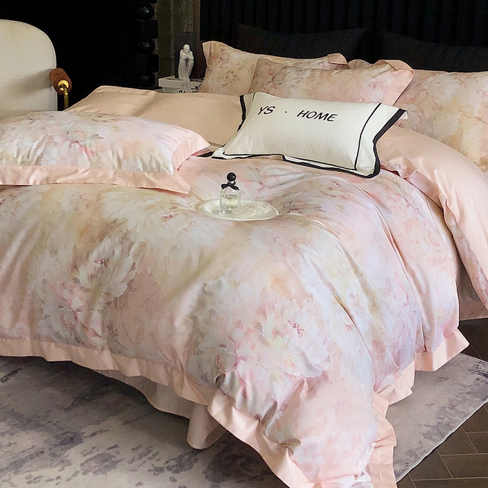 91家纺网 家纺一手货源 找家纺 薏思家纺 2025新款100支长绒棉数码印花飞边款四件套 花海