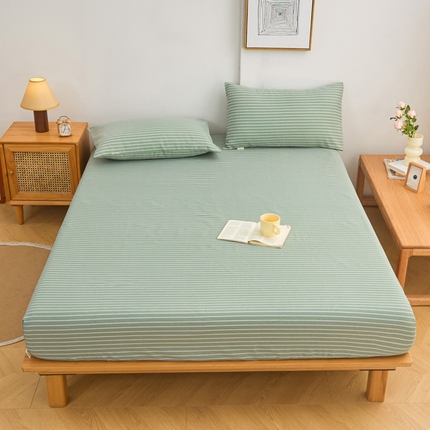 91家纺网 家纺一手货源 找家纺 棉乐町家居  2025新款原棉粗布床笠 条紋绿