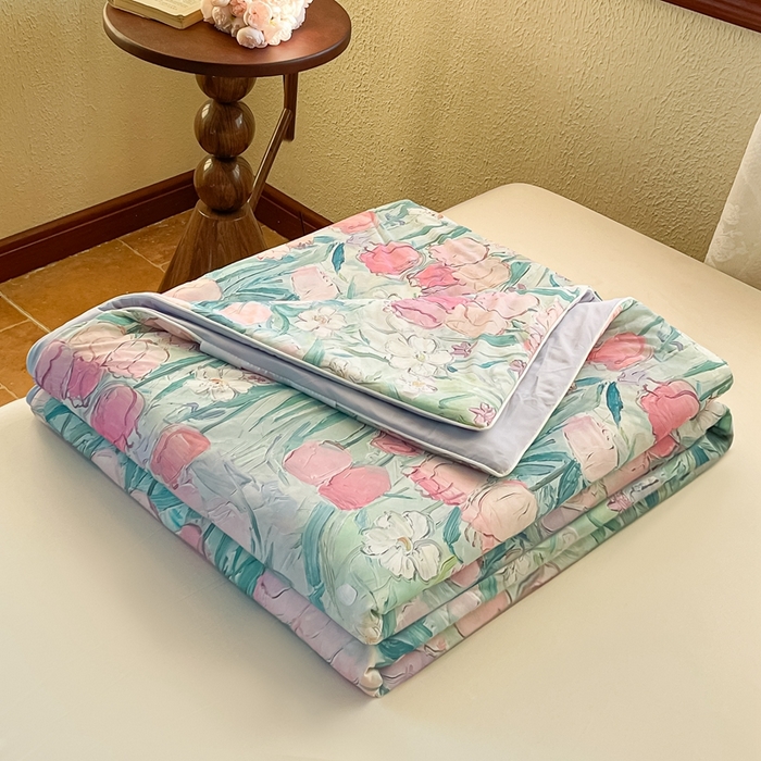 91家纺网 家纺一手货源 找家纺 小禹仔 2025新款针织凉感丝印花夏被夏凉被 郁情粉