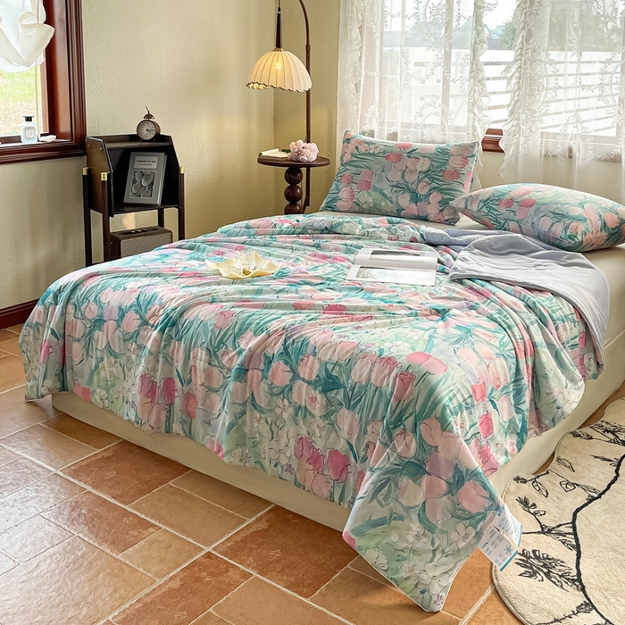 91家纺网 家纺一手货源 找家纺 小禹仔 2025新款针织凉感丝印花夏被夏凉被 郁情粉