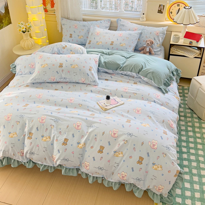 91家纺网 家纺一手货源 找家纺 纽缦家纺 2025新款云感提花双层纱韩版四件套 小猫时光蓝