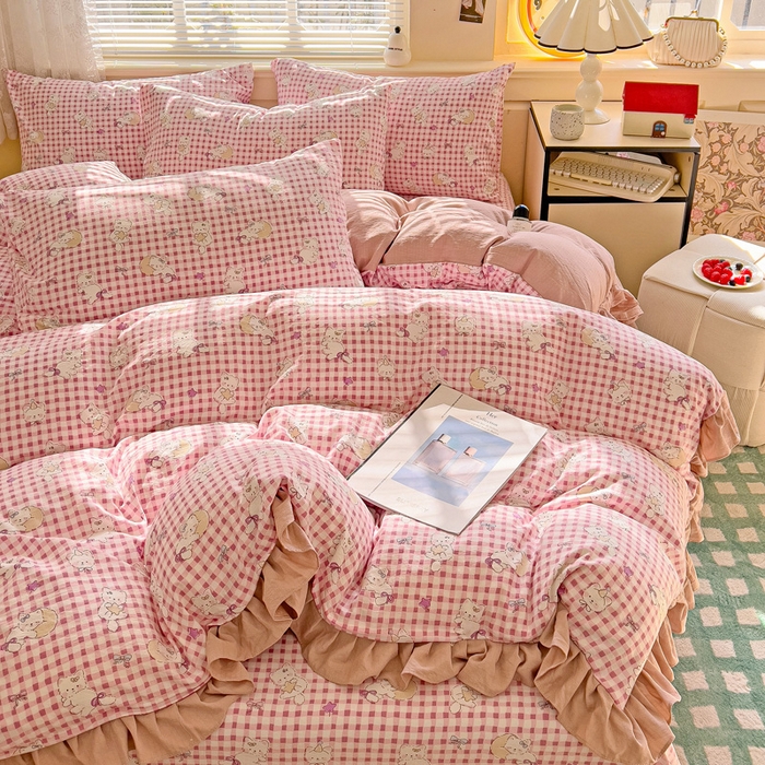 91家纺网 家纺一手货源 找家纺 纽缦家纺 2025新款云感提花双层纱韩版四件套 猫猫晚宴