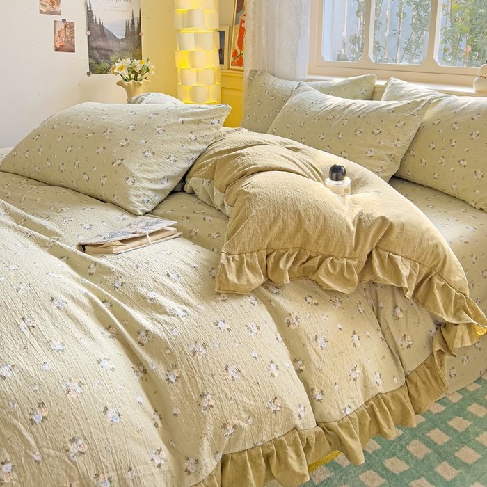 91家纺网 家纺一手货源 找家纺 纽缦家纺 2025新款云感提花双层纱韩版四件套 落日暮年绿