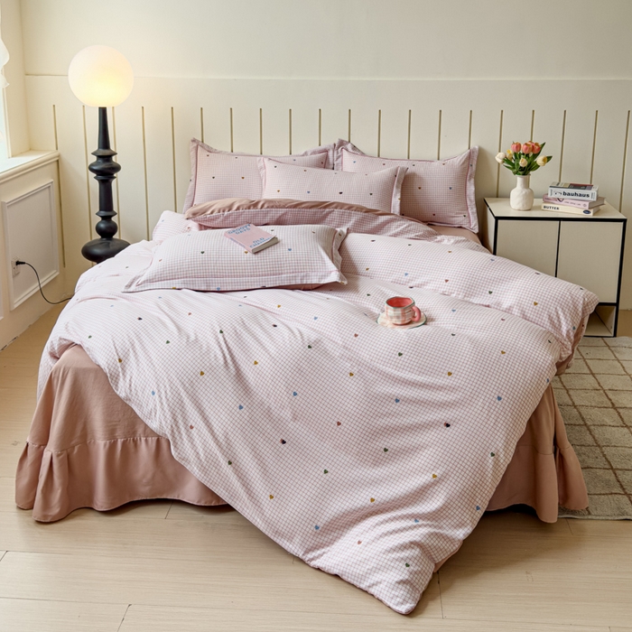 91家纺网 家纺一手货源 找家纺 可思家纺2025新款可思-简单款双层纱套件 心语粉