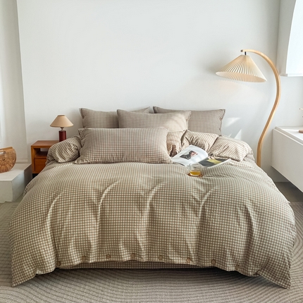 91家纺网 家纺一手货源 找家纺 库里梦 无印条纹简约格子色织双层纱木棉四件套 棕-格