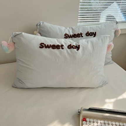 丽涵 2025新款水洗棉爱心球球单品枕套 甜蜜一天-蓝