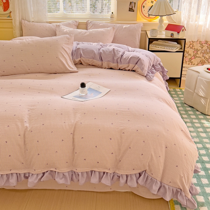 91家纺网 家纺一手货源 找家纺 纽缦家纺 2025新款云感提花双层纱韩版四件套 倾心紫