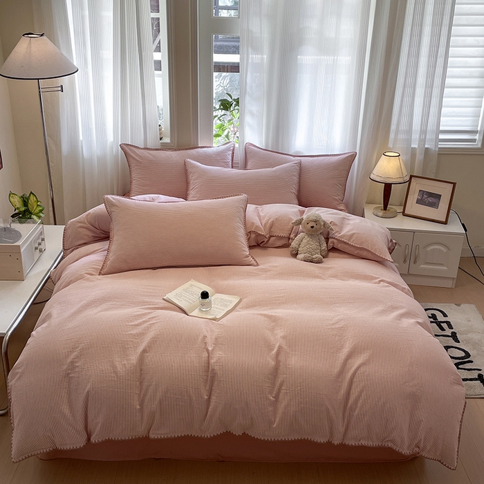 91家纺网 家纺一手货源 找家纺 蓝邻家纺 2025年新款全棉水洗棉贝壳边四件套系列 佐伊粉