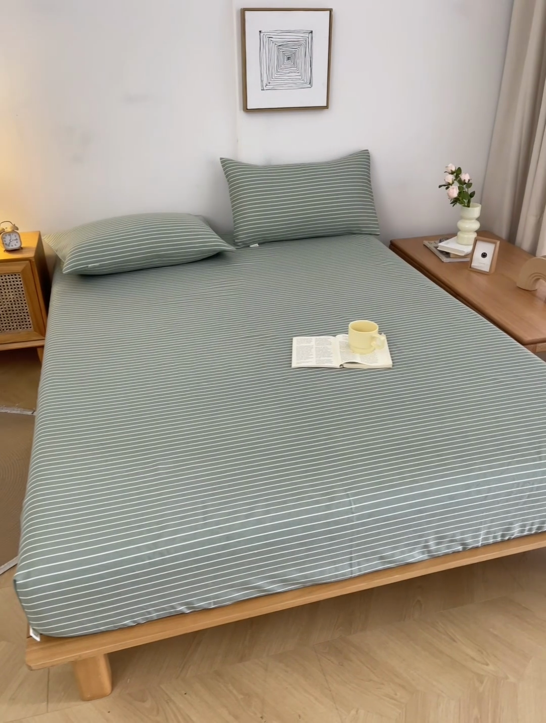 91家纺网 家纺一手货源 找家纺 棉乐町家居  2025新款原棉粗布床笠 条紋绿