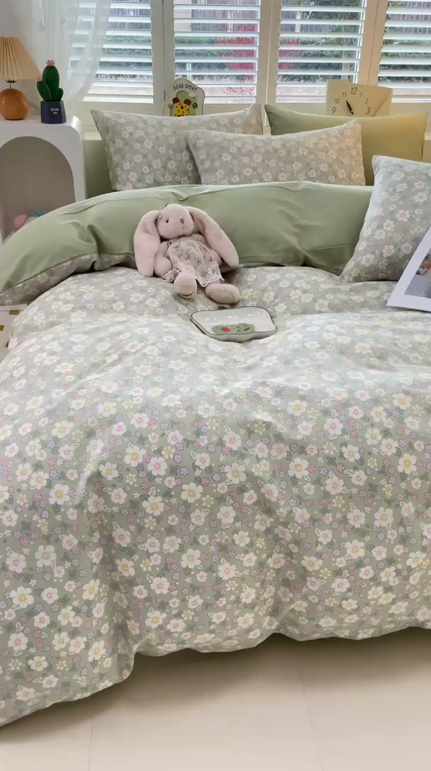 91家纺网 家纺一手货源 找家纺 丫丫家纺  2025新款13070全棉喷气小清新印花单品套件系列-四件套 木棉花