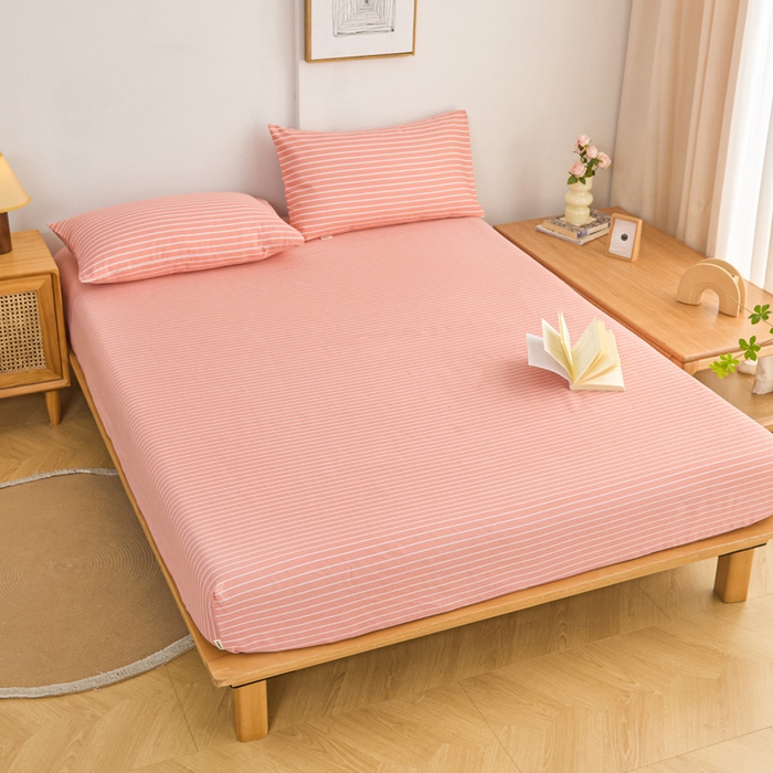 91家纺网 家纺一手货源 找家纺 棉乐町家居  2025新款原棉粗布床笠 条纹粉