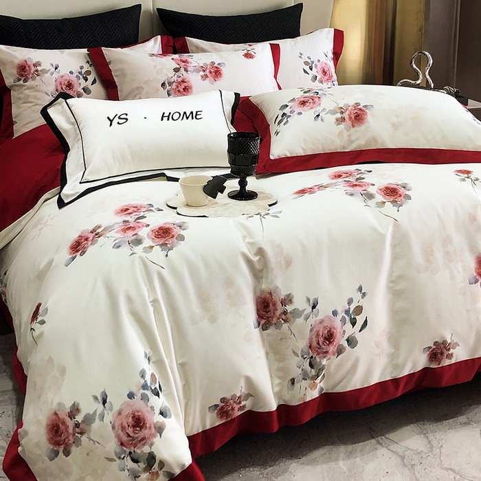 91家纺网 家纺一手货源 找家纺 薏思家纺 2025新款100支长绒棉数码印花飞边款四件套 满堂红