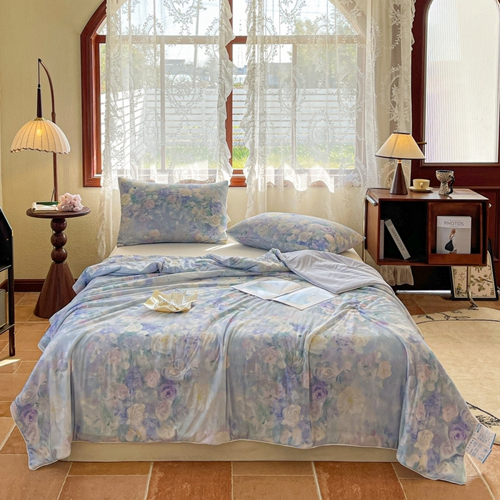 91家纺网 家纺一手货源 找家纺 小禹仔 2025新款针织凉感丝印花夏被夏凉被 迷香紫