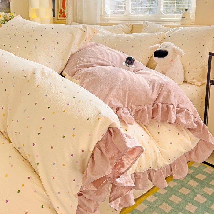 91家纺网 家纺一手货源 找家纺 纽缦家纺 2025新款云感提花双层纱韩版四件套 波点世界