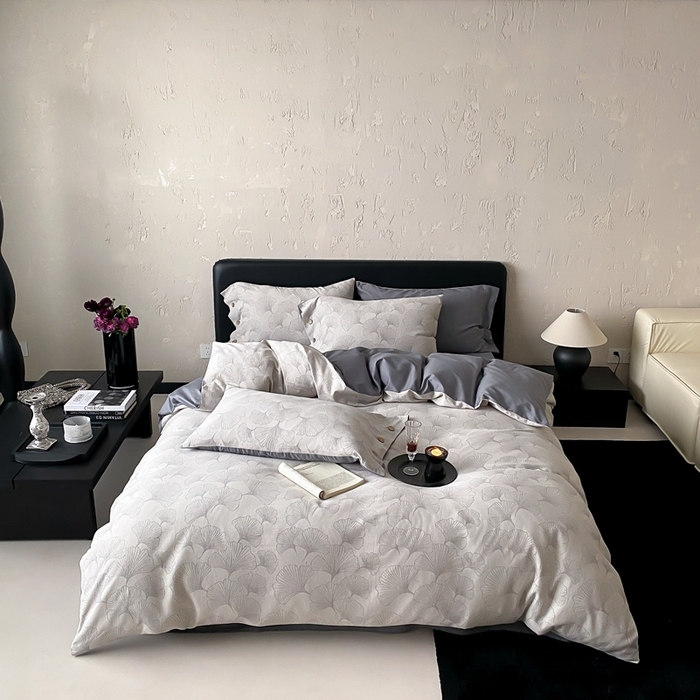 91家纺网 家纺一手货源 找家纺 旷野 2025新款全棉色织提花四件套 银杏-灰