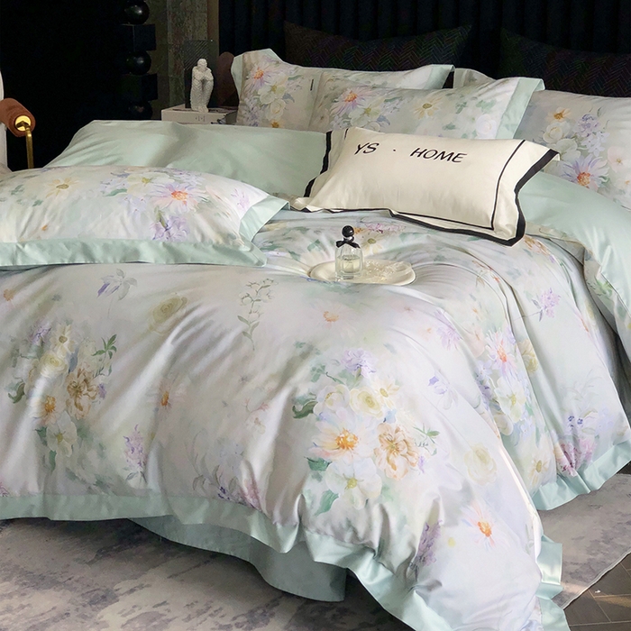 91家纺网 家纺一手货源 找家纺 薏思家纺 2025新款100支长绒棉数码印花飞边款四件套 晚香青玉