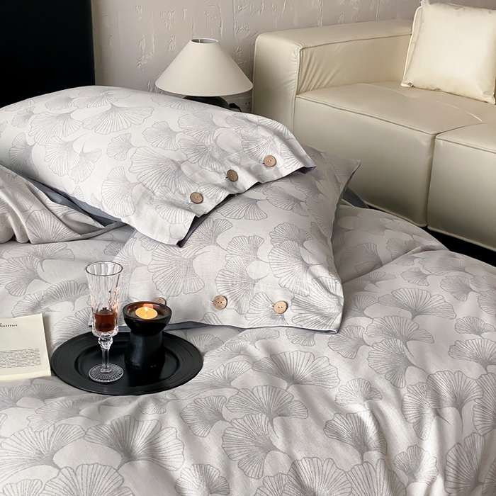 91家纺网 家纺一手货源 找家纺 旷野 2025新款全棉色织提花四件套 银杏-灰