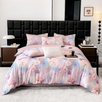 91家纺网 家纺一手货源 找家纺 优贝家纺 2025新款百分百莱赛尔天丝数码印花天丝四件套 粉红桃花