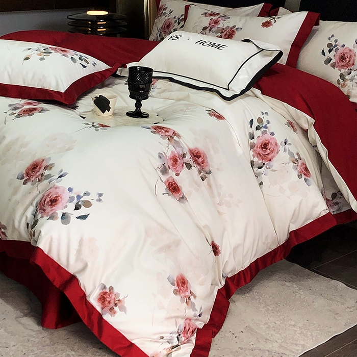 91家纺网 家纺一手货源 找家纺 薏思家纺 2025新款100支长绒棉数码印花飞边款四件套 满堂红