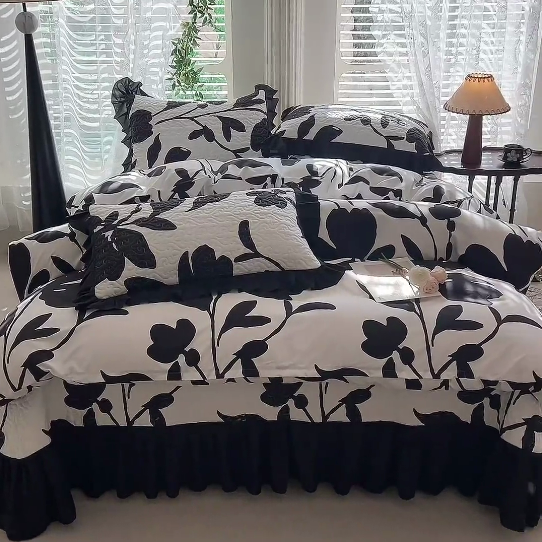91家纺网 家纺一手货源 找家纺 金盛皇朝家纺 2025新款法式赫本风大花卉床盖四件套 并蒂同心