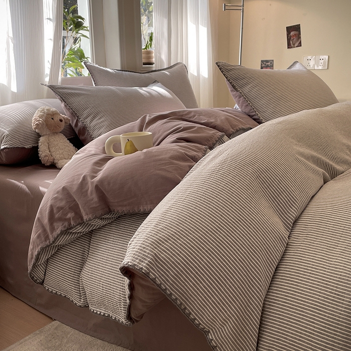 91家纺网 家纺一手货源 找家纺 蓝邻家纺 2025年新款全棉水洗棉贝壳边四件套系列 佐伊灰