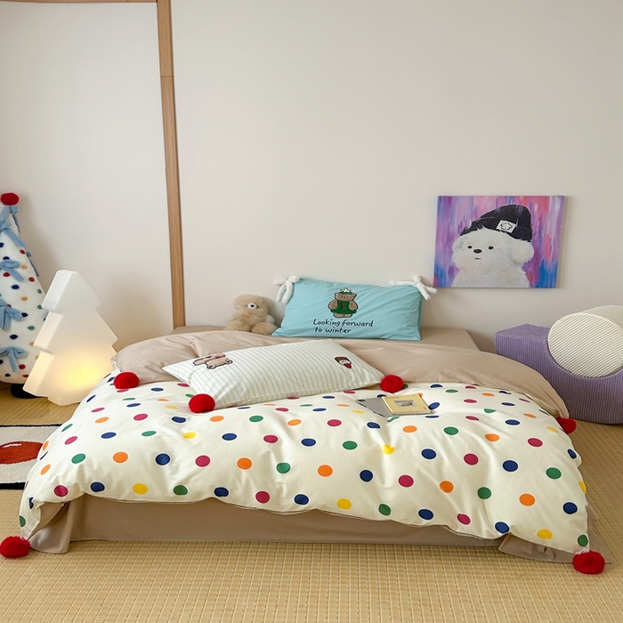 91家纺网 家纺一手货源 找家纺 桔子家纺 2025新款水洗棉蝴蝶结卡通系列 圣诞波点（棉）