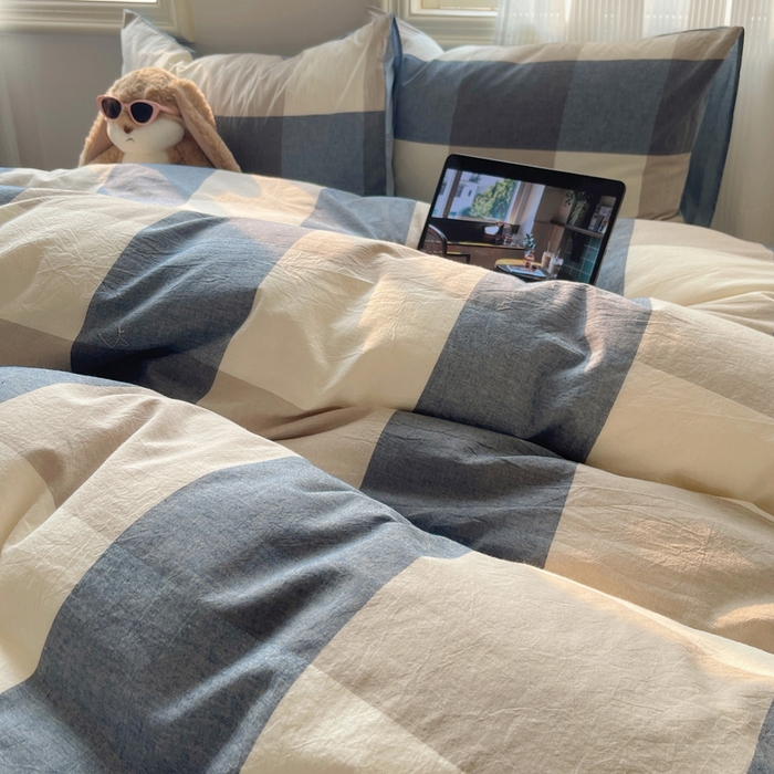 91家纺网 家纺一手货源 找家纺 雅居纺家纺 2025全棉色织水洗棉四件套 蓝大格