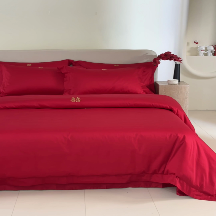 91家纺网 家纺一手货源 找家纺 （总）秀色家纺 2025新款高档100支新疆长绒棉婚庆四件套纯棉喜被全棉大红色结婚床单被套-囍