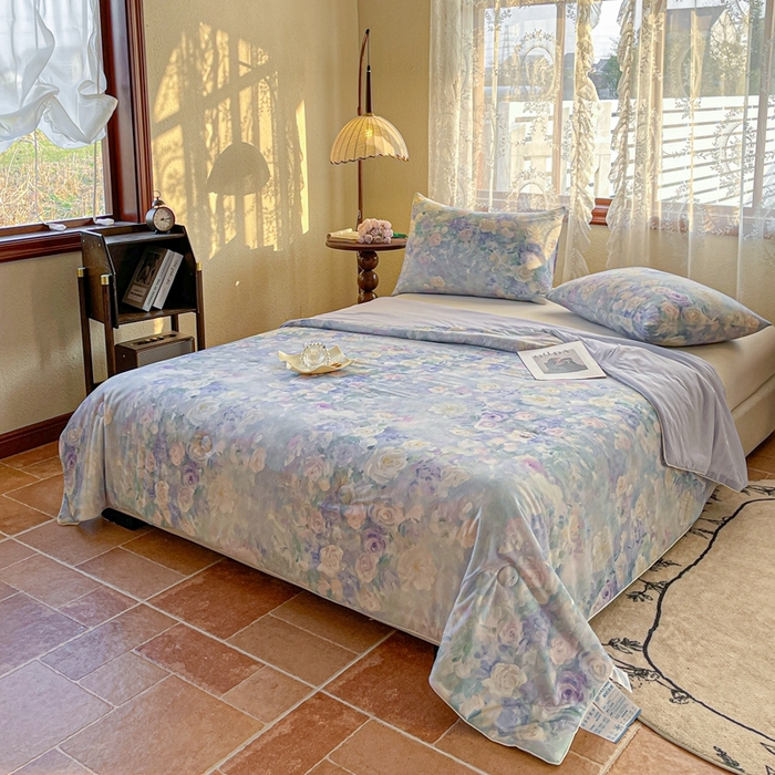 91家纺网 家纺一手货源 找家纺 小禹仔 2025新款针织凉感丝印花夏被夏凉被 迷香紫