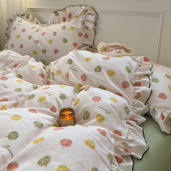 91家纺网 家纺一手货源 找家纺 寐居家纺 2025新款韩版舒柔绵四件套 花边款-多彩南瓜