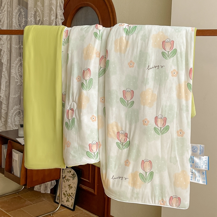 91家纺网 家纺一手货源 找家纺 小禹仔 2025新款针织凉感丝印花夏被夏凉被 夏花绿