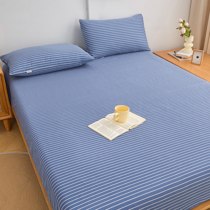 91家纺网 家纺一手货源 找家纺 棉乐町家居  2025新款原棉粗布床笠 条纹蓝