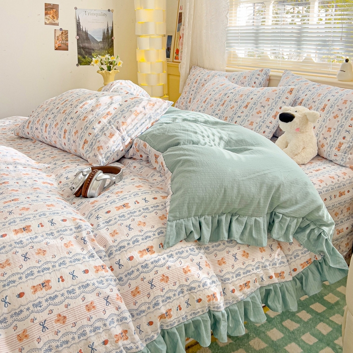 91家纺网 家纺一手货源 找家纺 纽缦家纺 2025新款云感提花双层纱韩版四件套 他和她的兔