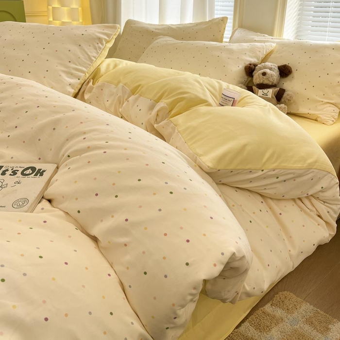 91家纺网 家纺一手货源 找家纺 新印象 2025新款有氧针织棉双层纱四件套点点