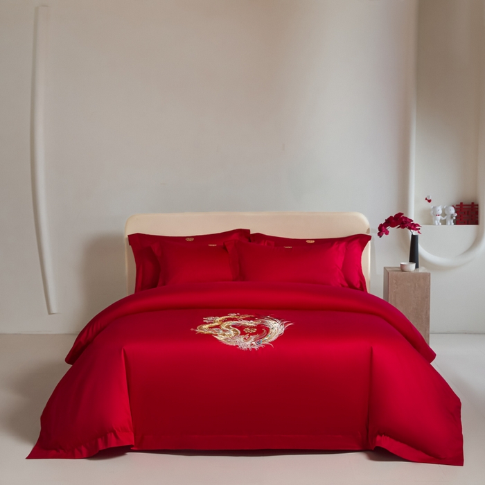 91家纺网 家纺一手货源 找家纺 （总）秀色家纺 2025新款高档100支新疆长绒棉婚庆四件套纯棉喜被全棉大红色结婚床单被套-龙凤呈祥