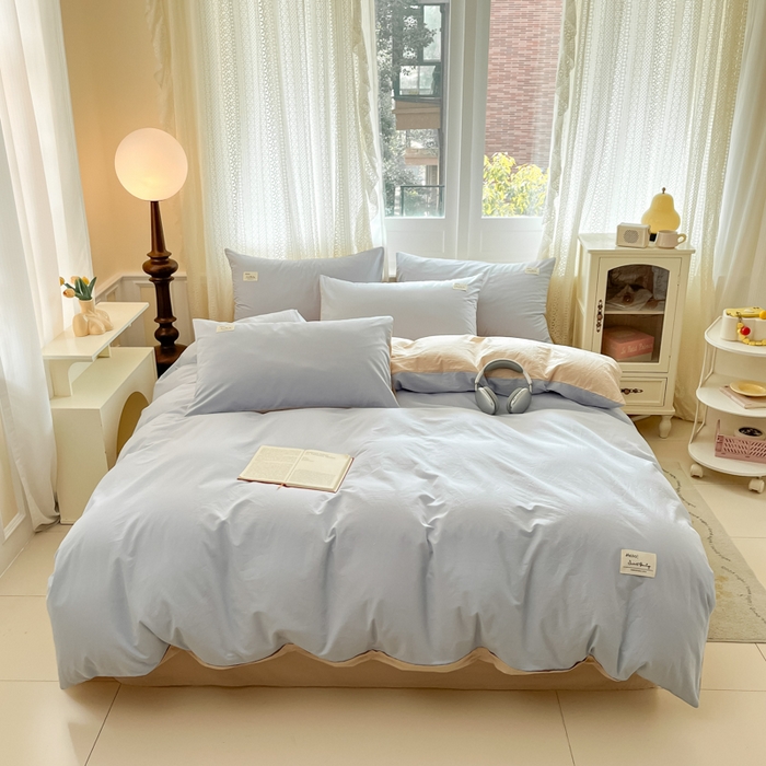 91家纺网 家纺一手货源 找家纺 寐居家纺 2025新款色织水洗棉套件 星空蓝+米金