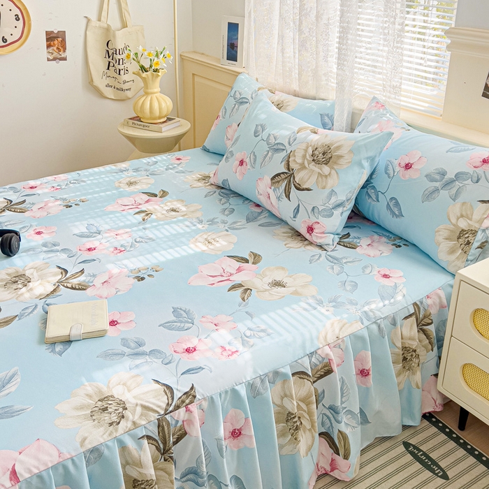 91家纺网 家纺一手货源 找家纺 极梦家纺（支持定制）  2025新款春秋130克加厚植物羊绒磨毛印花单床裙三件套 美兮浅香