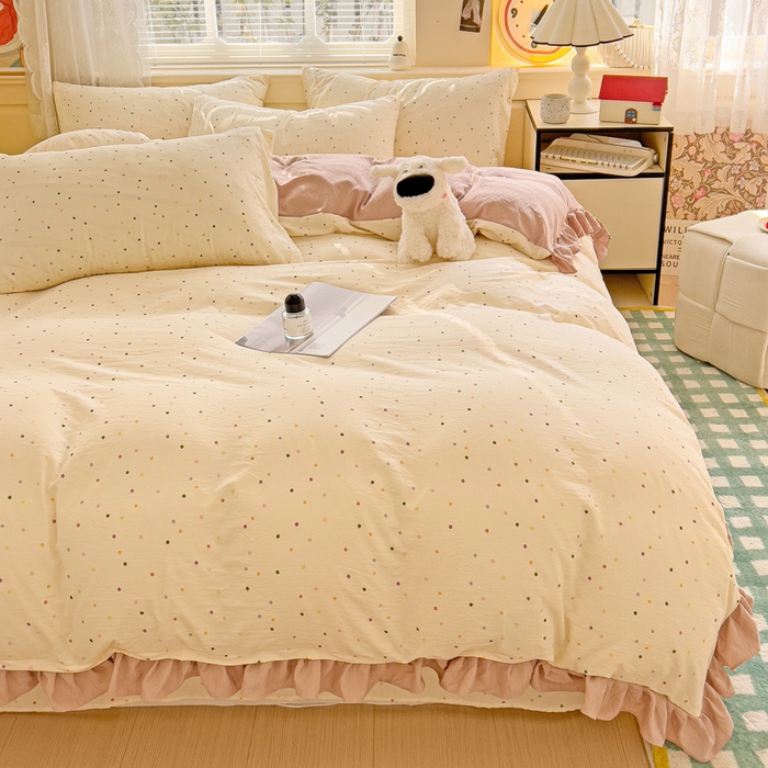 91家纺网 家纺一手货源 找家纺 纽缦家纺 2025新款云感提花双层纱韩版四件套 波点世界