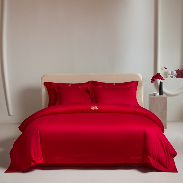 91家纺网 家纺一手货源 找家纺 （总）秀色家纺 2025新款高档100支新疆长绒棉婚庆四件套纯棉喜被全棉大红色结婚床单被套-囍