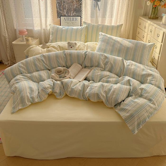 91家纺网 家纺一手货源 找家纺 雅居纺家纺 2025全棉色织水洗棉四件套 竖条蓝