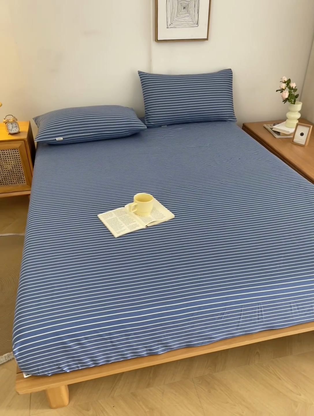 91家纺网 家纺一手货源 找家纺 棉乐町家居  2025新款原棉粗布床笠 条纹蓝