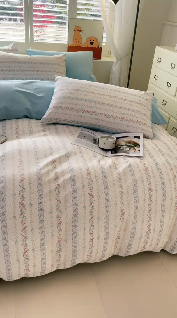 91家纺网 家纺一手货源 找家纺 丫丫家纺  2025新款13070全棉喷气小清新印花单品套件系列-四件套 水苏花条纹