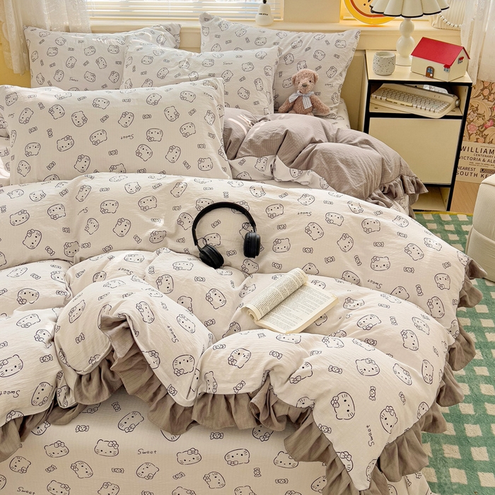 91家纺网 家纺一手货源 找家纺 纽缦家纺 2025新款云感提花双层纱韩版四件套 猫咪恋人